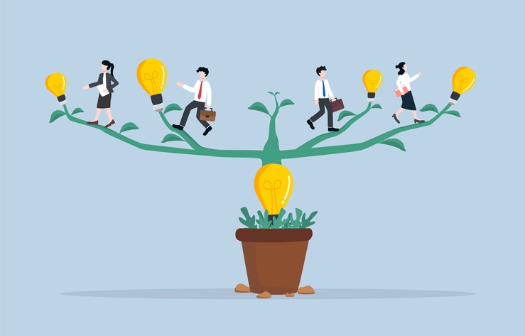 studying more knowledge for career development concept, Businesspersons walking along branches to light bulb