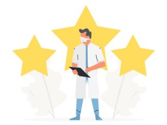 NHS Employee is recognised for their commitment. doctor stands in front of 3 large stars