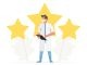 NHS Employee is recognised for their commitment. doctor stands in front of 3 large stars