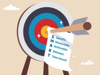 Setting SMART goal, acronym with specific, measurable, achievable, relevant and time, planning for realistic target concept, arrow bow hit bullseye with note paper written business SMART goal.
