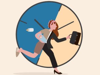 busy businesswoman with baby in one hand at home and working briefcase in the other hand with time clock.