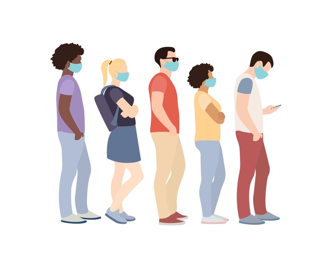 Full length of cartoon sick people in medical masks standing in line against white background