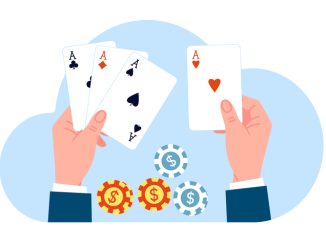 Hands with playing cards and casino chips. Poker and blackjack risky fortune games. Arms holding aces and dices. Gambler making bet. Entertainment club. Vegas gamble. Vector concept