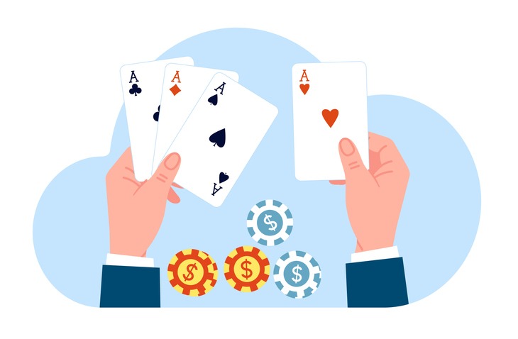 Hands with playing cards and casino chips. Poker and blackjack risky fortune games. Arms holding aces and dices. Gambler making bet. Entertainment club. Vegas gamble. Vector concept