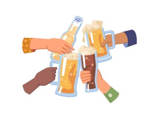Cheers and celebration, isolated hands holding glasses and bottle of beer, light and dark or pale ale. People cheering and toasting, togetherness and happy leisure of friends. Flat cartoon vector