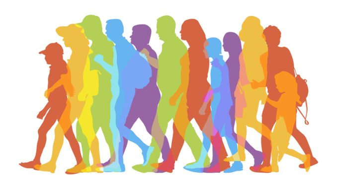 Multicoloured Silhouettes of people walking