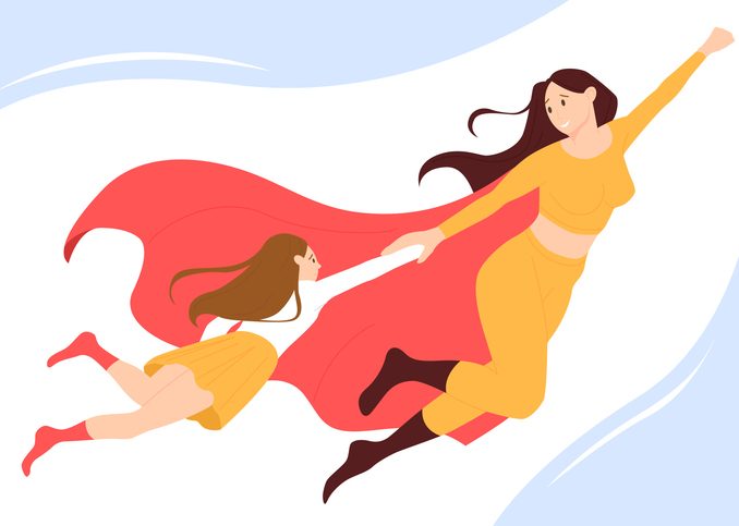 Mom superhero and motherhood, mother in hero costume and red cape flying with baby girl