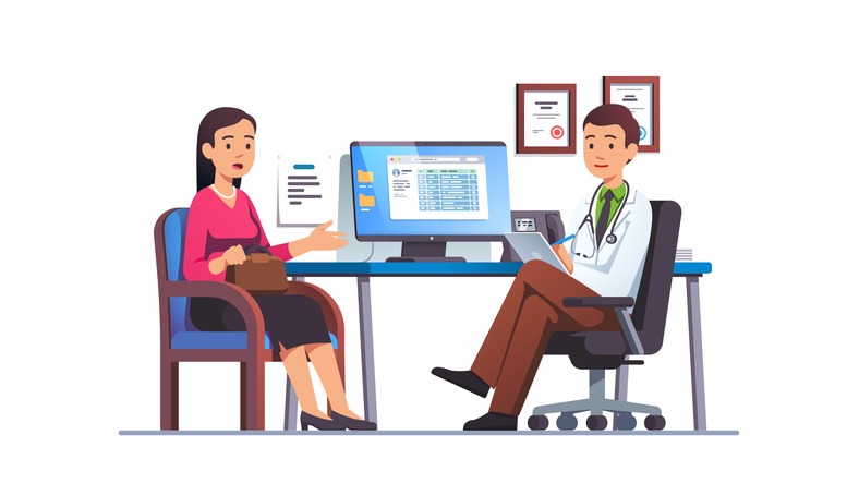 Patient woman talking to primary care physician man at hospital office. Clinic appointment meeting with doctor, having conversation with medic about checkup results. Flat vector character illustration