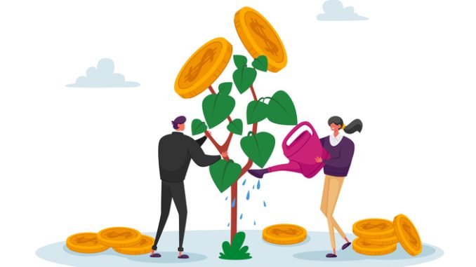 Business Man and Woman Characters Watering Money Tree