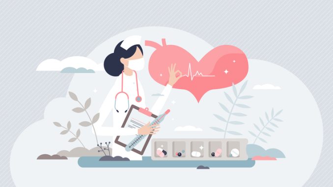 Nurse occupation as hospital specialist and assistance tiny person concept. Clinic doctor job and professional pharmacy staff vector illustration. Ambulance medic work and healthcare patient treatment