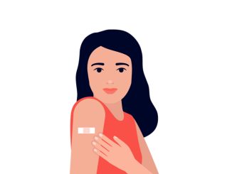 Young woman after vaccination show arm with patch. Protection hand with bandage after receiving inoculation. Concept vaccine coronavirus. Vector illustration