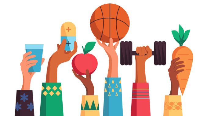 Healthy lifestyle illustration. eating healthy and practicing sports.