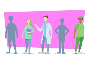 Three doctors and nurses standing with empty silhouettes between them. Health workforce shortage, recruiting problem, medical profession