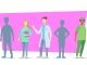 Three doctors and nurses standing with empty silhouettes between them. Health workforce shortage, recruiting problem, medical profession