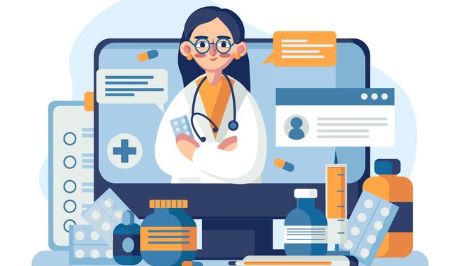 Cartoon female physician consulting anonymous person remotely. 