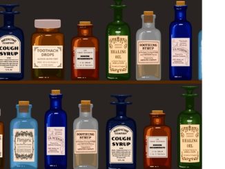 Vintage medicine bottles on wooden shelves.
