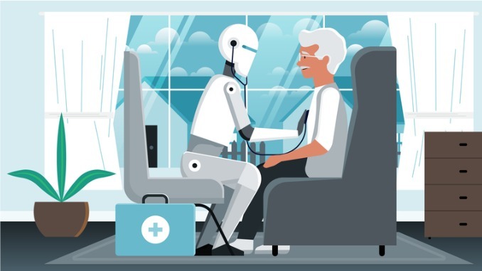 A robot nurse listening to elderly patient at home.