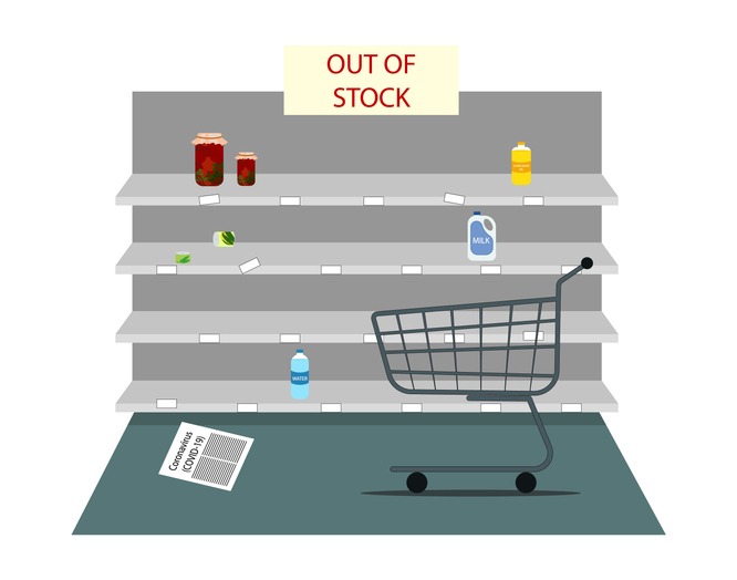 Panic in the store. Lack of products. COVID-19 concept flat vector. Empty store shelves and grocery cart