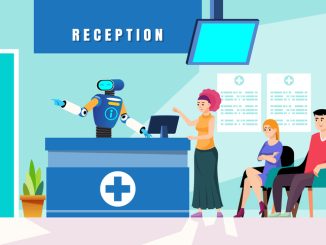 Robot doctor and patient sitting at reception desk