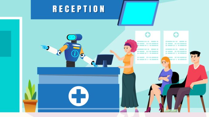 Robot doctor and patient sitting at reception desk