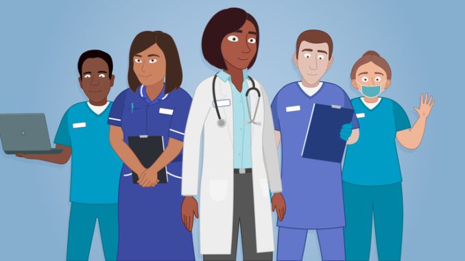 Illustration of medical health care people characters. NHS team together.