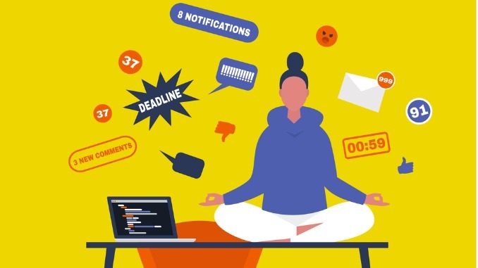 Meditation at the office. Harmony and relaxation. Calm female character sitting in a lotus pose on a desk surrounded by the cloud of pop up notifications.