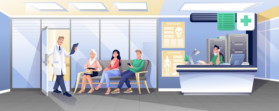 Doctor invites patient to enter medical office. Scene in hospital, clinic. Therapist waits visitors for medical appointment, consultation. Medicine, healthcare concept. Vector character illustration.