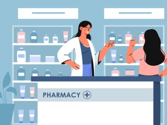 Woman buys medicine vector concept