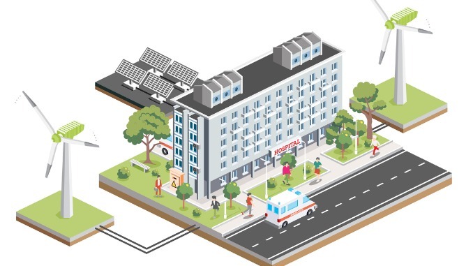 building of hospital with solar panels and wind turbines. Vector illustration. City clinic. 