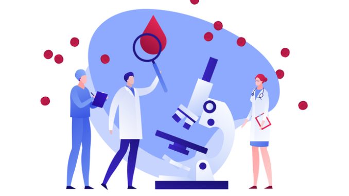 Scientist doctor team with magnifying glass and microscope study blood. Flat illustration.