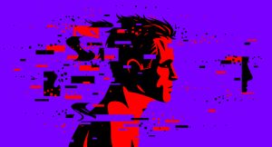 Man profile with glitch dynamic particles in motion vector illustration, mindfulness philosophical and psychological theme, neural network, technology or psychology concept.