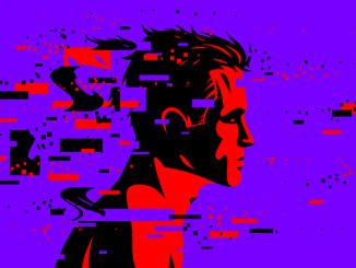 Man profile with glitch dynamic particles in motion vector illustration, mindfulness philosophical and psychological theme, neural network, technology or psychology concept.