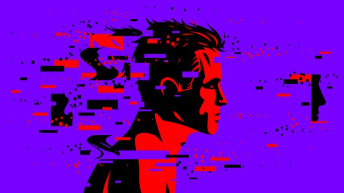 Man profile with glitch dynamic particles in motion vector illustration, mindfulness philosophical and psychological theme, neural network, technology or psychology concept.