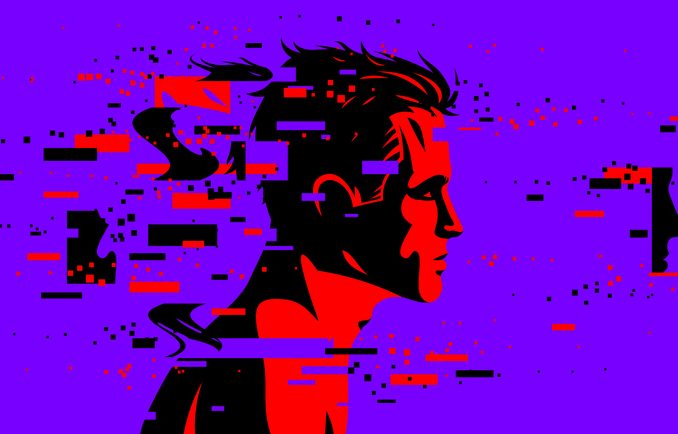 Man profile with glitch dynamic particles in motion vector illustration, mindfulness philosophical and psychological theme, neural network, technology or psychology concept.