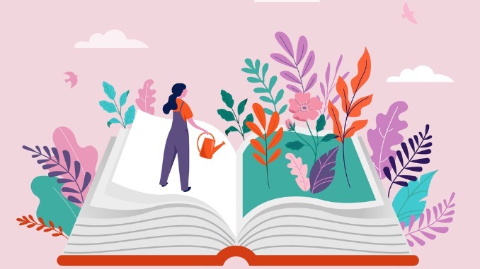 Book festival concept of the woman watering garden and reading an open huge book.