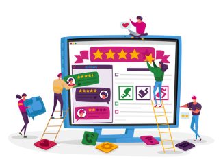 NHS users Review, Ranking and Rating Concept. Tiny Characters Put Huge Stars on Pc Screen