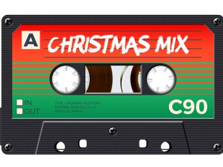 Christmas mix cassette for retro themed holiday party invitation or mix cover. Winter greetings tape with 80s style and Christmas colors