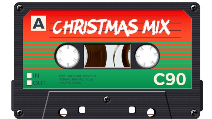 Christmas mix cassette for retro themed holiday party invitation or mix cover. Winter greetings tape with 80s style and Christmas colors