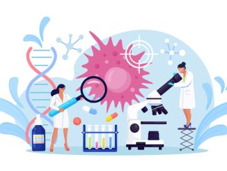 Oncology concept. Tiny persons research cancer disease. Radiology diagnosis and sickness therapy. Chemotherapy, biopsy, tumor removal