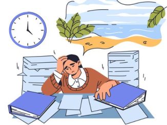 Woman dreams of vacation. Young girl in office with books and documents. Thoughts about tropical and exotic island. Tired and overworked person.