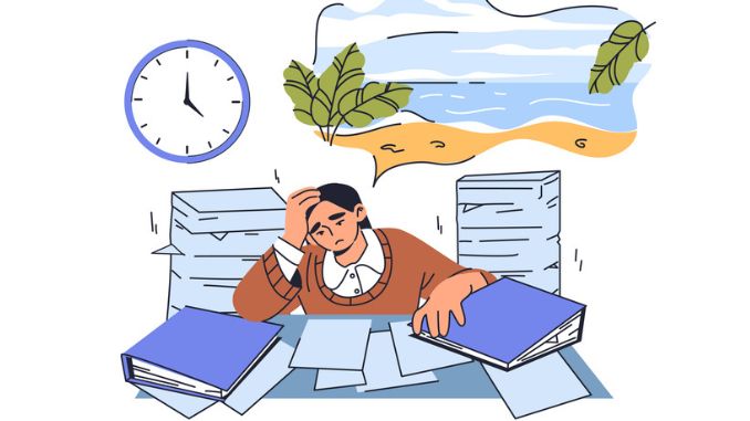 Woman dreams of vacation. Young girl in office with books and documents. Thoughts about tropical and exotic island. Tired and overworked person.