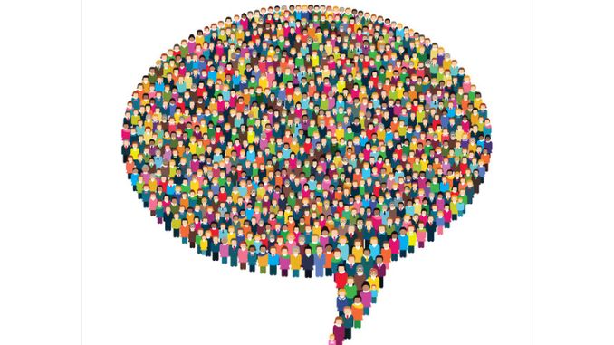 Large group of stylized people in the shape of a speech bubble.