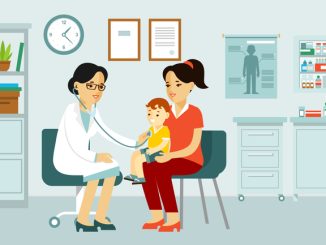 Pediatrician doctor concept. Young woman practitioner and happy family with mother and kid in flat style.