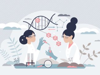 Epigenetics research and study of DNA gene expression tiny person concept. Work scene with phenotype changes experiment in microbiology lab vector illustration. Genetic sequence science and knowledge.