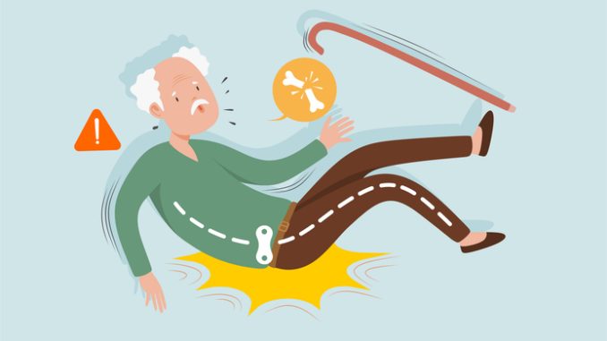 old man falling down and get bone fracture cartoon character