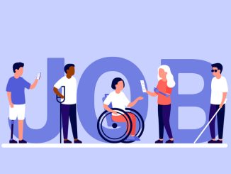 Search job for people with disability and inclusion vacancy, employment, go to career. Disabled on wheelchair and with other health restrictions. Handicap seek opportunity, want to work. Vector