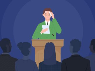 Fear of public speaking, glossophobia of nervous speaker character standing at podium