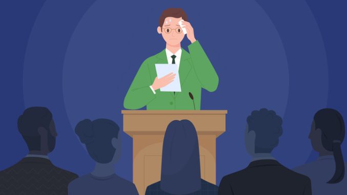 Fear of public speaking, glossophobia of nervous speaker character standing at podium