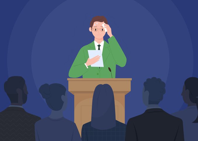 Fear of public speaking, glossophobia of nervous speaker character standing at podium