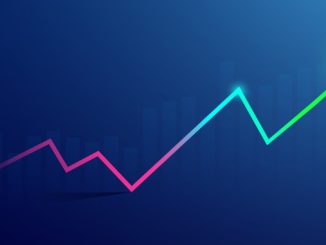 Business candle stick graph chart of stock market investment trading on blue background.